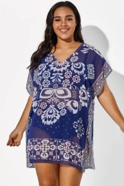 Navy Blue Fashion Floral Print Cover Up -Maraluxe Swimwear Shop b cscu007 2