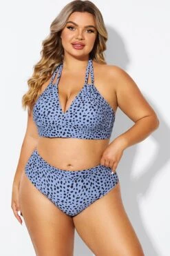 V-Neck Black Dots Printed Halter Sexy Bikini Top