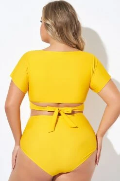 Yellow Ruched Sleeves Skirted Bikini Top -Maraluxe Swimwear Shop b debk050005 2 1