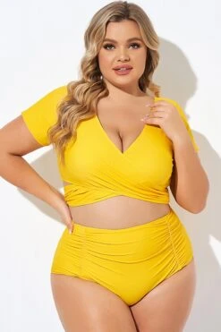 Yellow Ruched Sleeves Skirted Bikini Top -Maraluxe Swimwear Shop b debk050005 3 1