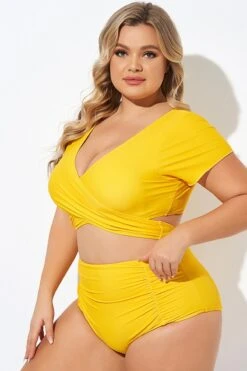 Yellow Ruched Sleeves Skirted Bikini Top -Maraluxe Swimwear Shop b debk050005 4 1