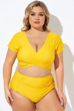 Yellow Ruched Sleeves Skirted Bikini Top -Maraluxe Swimwear Shop b debk050005 5 1