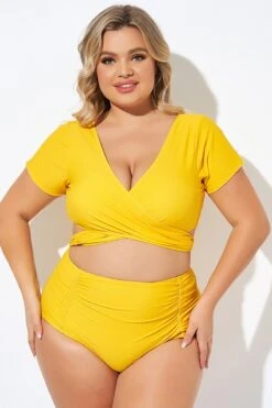 Yellow Ruched Sleeves Skirted Bikini Top -Maraluxe Swimwear Shop b debk050005 6 1