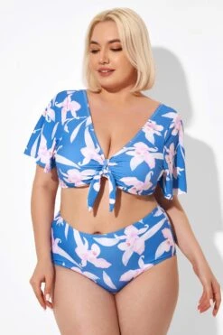 Blue Flower Print Bow V-neck Bikini Top -Maraluxe Swimwear Shop b debk064003 5