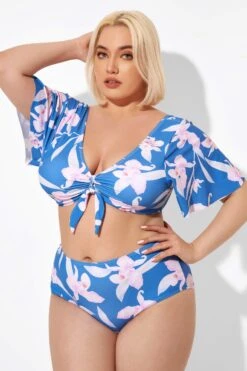 Blue Flower Print Bow V-neck Bikini Top -Maraluxe Swimwear Shop b debk064003 6