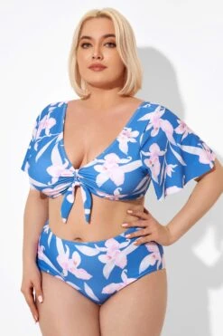 Blue Flower Print Bow V-neck Bikini Top