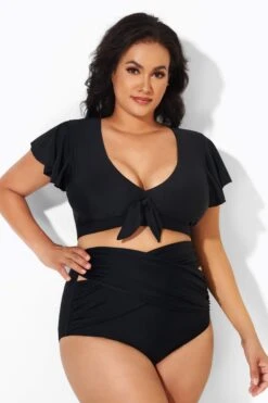 Black Flutter-Sleeve Elegant Swim Bikini Top -Maraluxe Swimwear Shop b debk092001 3