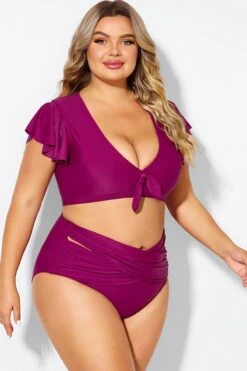 Purple Flutter Sleeve Elegant Swim Bikini Top -Maraluxe Swimwear Shop b debk092005 5