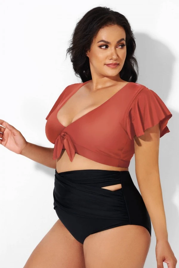 Orange Flutter Sleeve Tie Front Swim Bikini Top 6 Orange Flutter Sleeve Tie Front Swim Bikini Top - Image 4