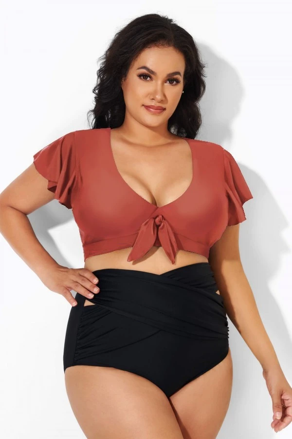 Orange Flutter Sleeve Tie Front Swim Bikini Top 3 Orange Flutter Sleeve Tie Front Swim Bikini Top