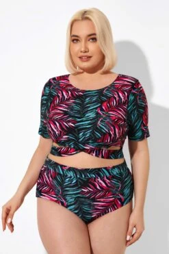 Leaf Print Round Neck Bikini Top With Sleeves -Maraluxe Swimwear Shop b debk101002 5