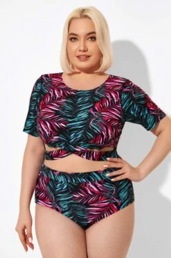 Leaf Print Round Neck Bikini Top With Sleeves -Maraluxe Swimwear Shop b debk101002 6