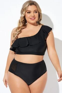 Black Ruffle One Shoulder Swim Bikini Top