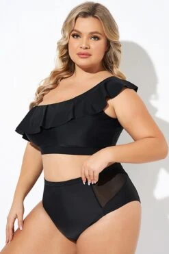 Black Ruffle One Shoulder Swim Bikini Top -Maraluxe Swimwear Shop b debk137001 4