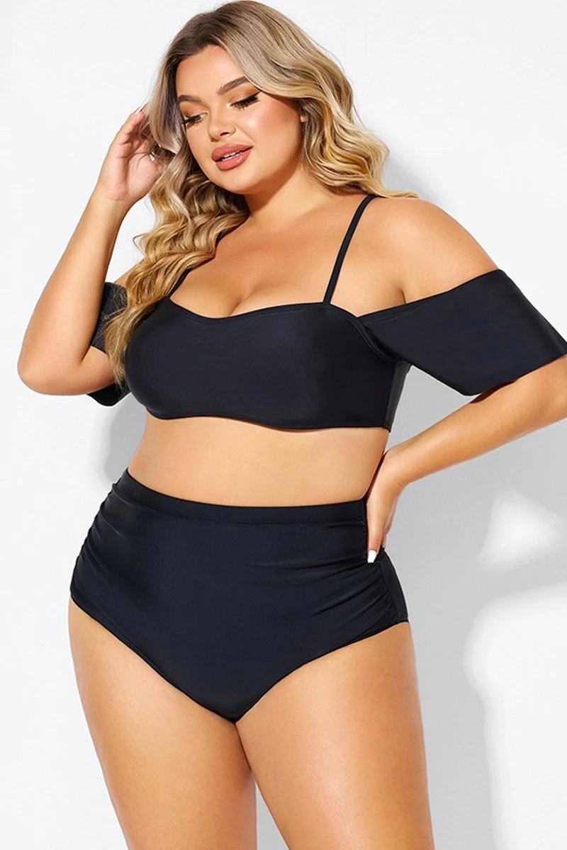 Black Lace Up Off The Shoulder Ruffle Bikini Top 3 Black Lace Up Off The Shoulder Ruffle Bikini Top