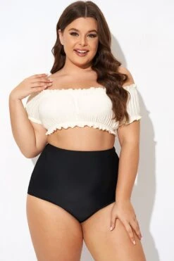 Retro White Ruffles Bardot Sleeves Bikini Top -Maraluxe Swimwear Shop b debk147001 1