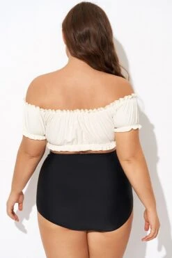 Retro White Ruffles Bardot Sleeves Bikini Top -Maraluxe Swimwear Shop b debk147001 2