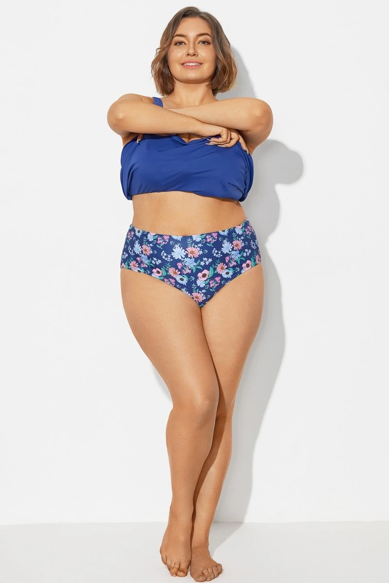Navy Blue Floral High Waist Plus Size Bottom 3 Navy Blue Floral High Waist Plus Size Bottom