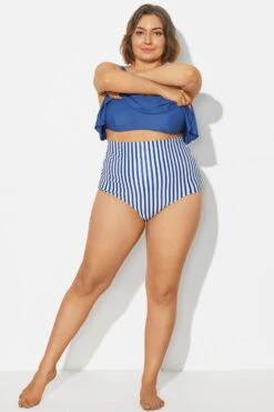 Navy＆White Vertical Stripe High Waisted Bkini Bottom -Maraluxe Swimwear Shop b debt002023 3