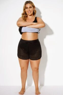 Black Hollow Out Lace Overlay Swim Short 9 Black Hollow Out Lace Overlay Swim Short -Maraluxe Swimwear Shop b debt014001 4 1