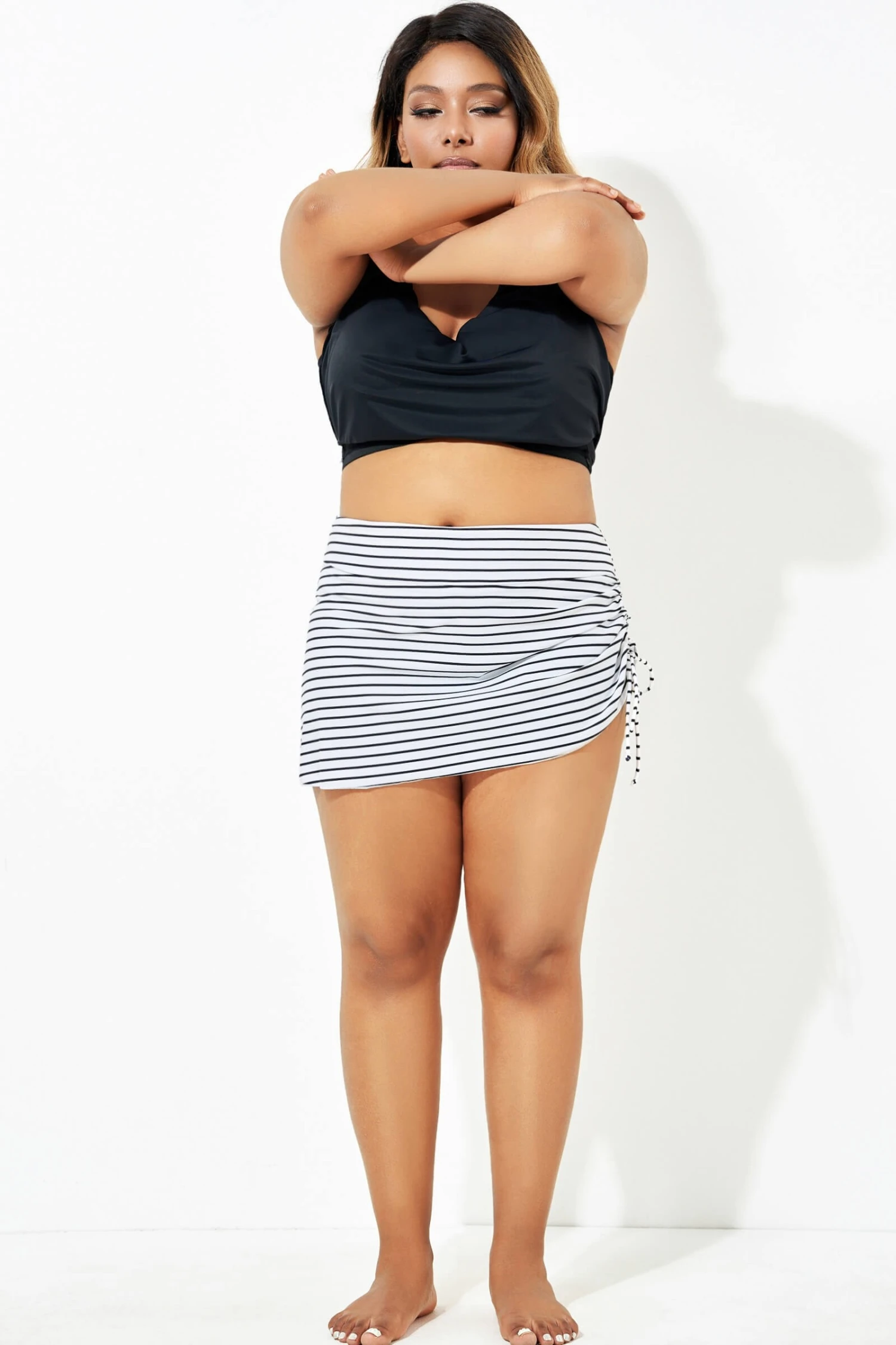 Stripe Drawstring Side High Waisted Swim Skirt 3 Stripe Drawstring Side High Waisted Swim Skirt