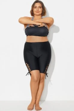 Lace Up Side Black Mid Waist Swim Shorts