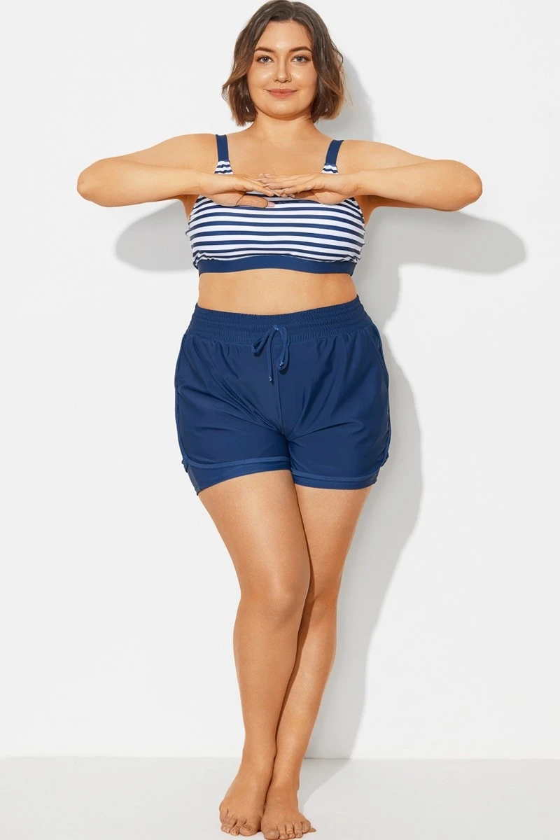 Plus Size Navy Mid Waist Women Shorts 3 Plus Size Navy Mid Waist Women Shorts