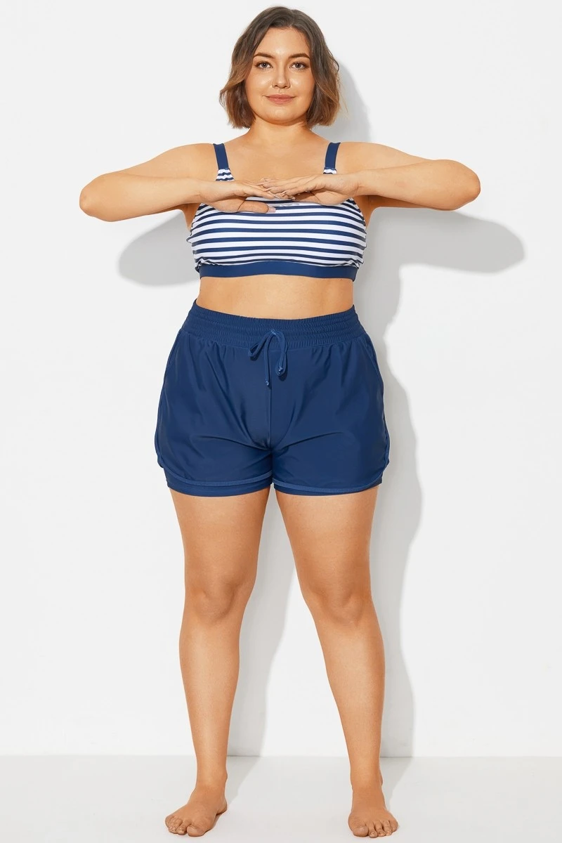 Plus Size Navy Mid Waist Women Shorts 5 Plus Size Navy Mid Waist Women Shorts - Image 3