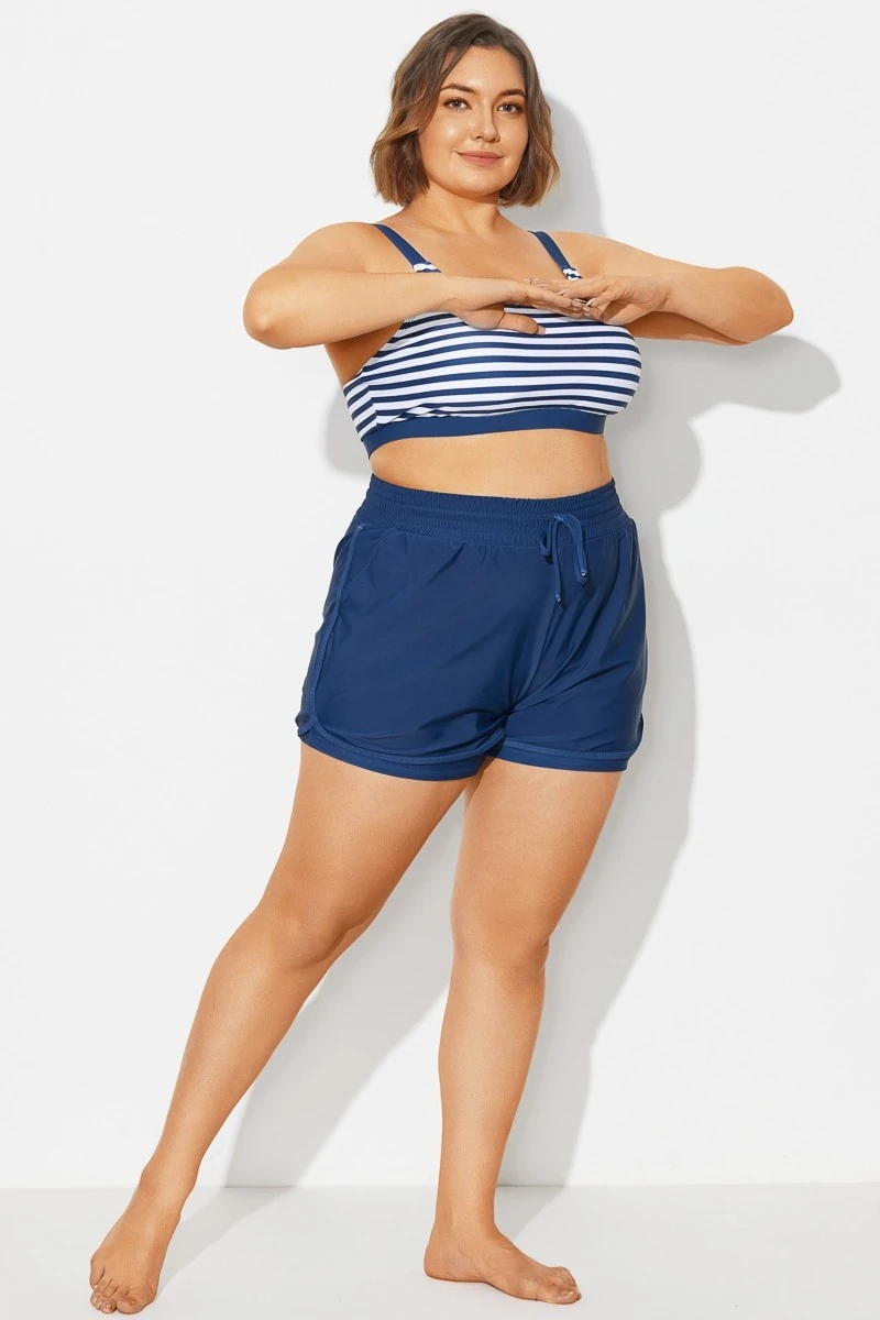 Plus Size Navy Mid Waist Women Shorts 6 Plus Size Navy Mid Waist Women Shorts - Image 4