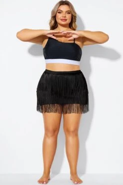 Plus Size Black High Waisted Tassel Trim Skirt -Maraluxe Swimwear Shop b debt066001 11