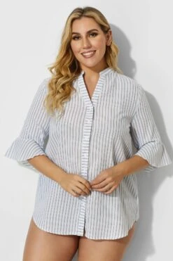 V-Neck Stripe Button Up Cover Up Shirt