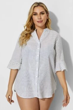 V-Neck Stripe Button Up Cover Up Shirt -Maraluxe Swimwear Shop b decu002 4