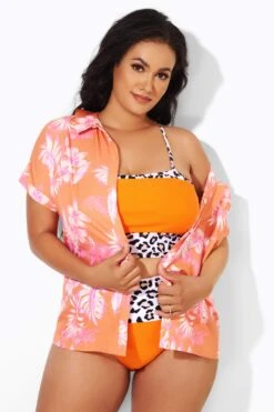 Orange Flower Print Short Sleeves Cover Up