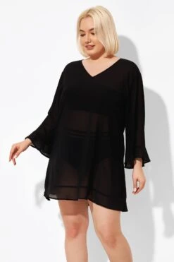 Black Ruffle Hem V-neck Tunic Cover Up -Maraluxe Swimwear Shop b decu023 3