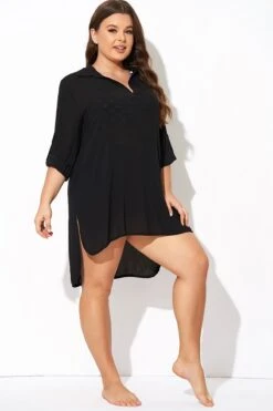 Black V-neck Side Split Cover Up Shirt Beach Dress -Maraluxe Swimwear Shop b decu034 6