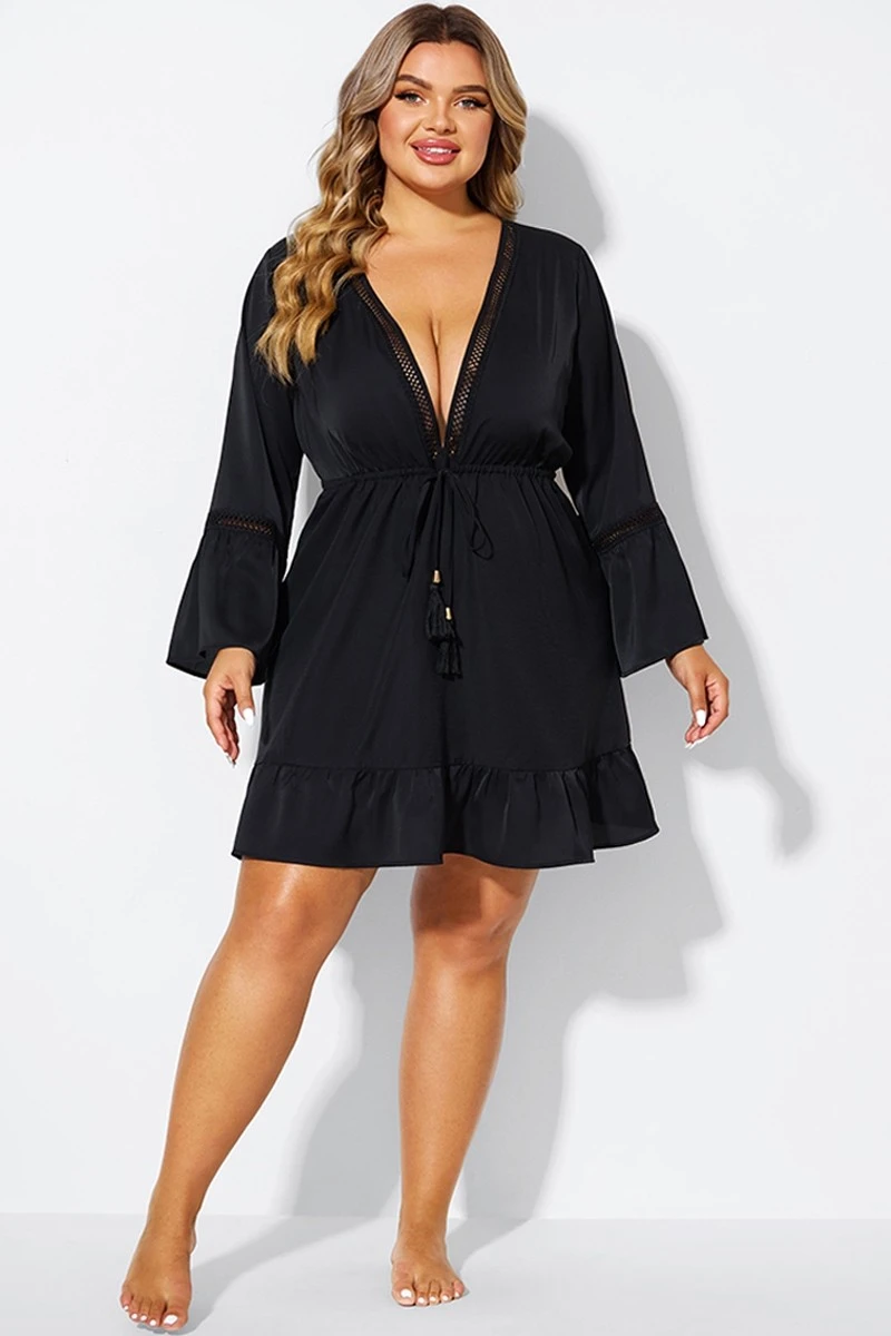 Black Low Neck & Tassel V-Neck Cover Up Tunic 3 Black Low Neck & Tassel V-Neck Cover Up Tunic