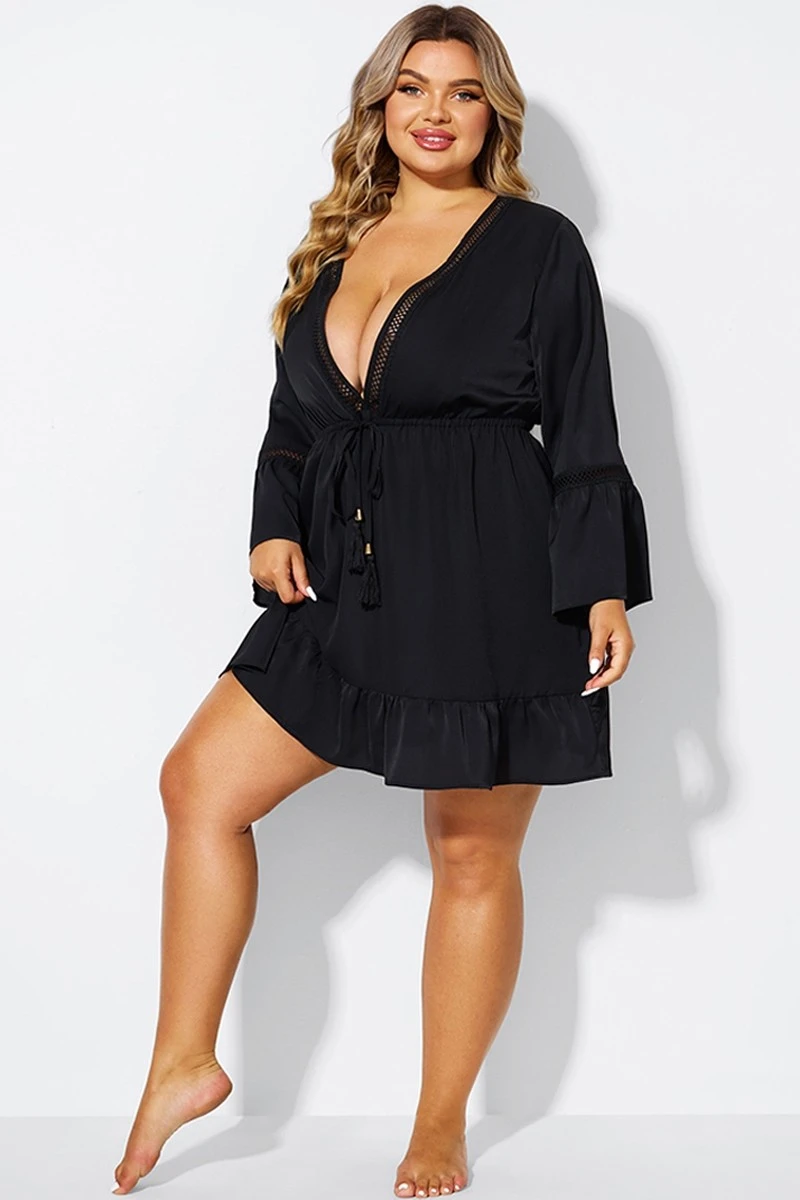 Black Low Neck & Tassel V-Neck Cover Up Tunic 6 Black Low Neck & Tassel V-Neck Cover Up Tunic - Image 4