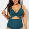 Green Modest Cut-out One Piece Swimsuit For Lady