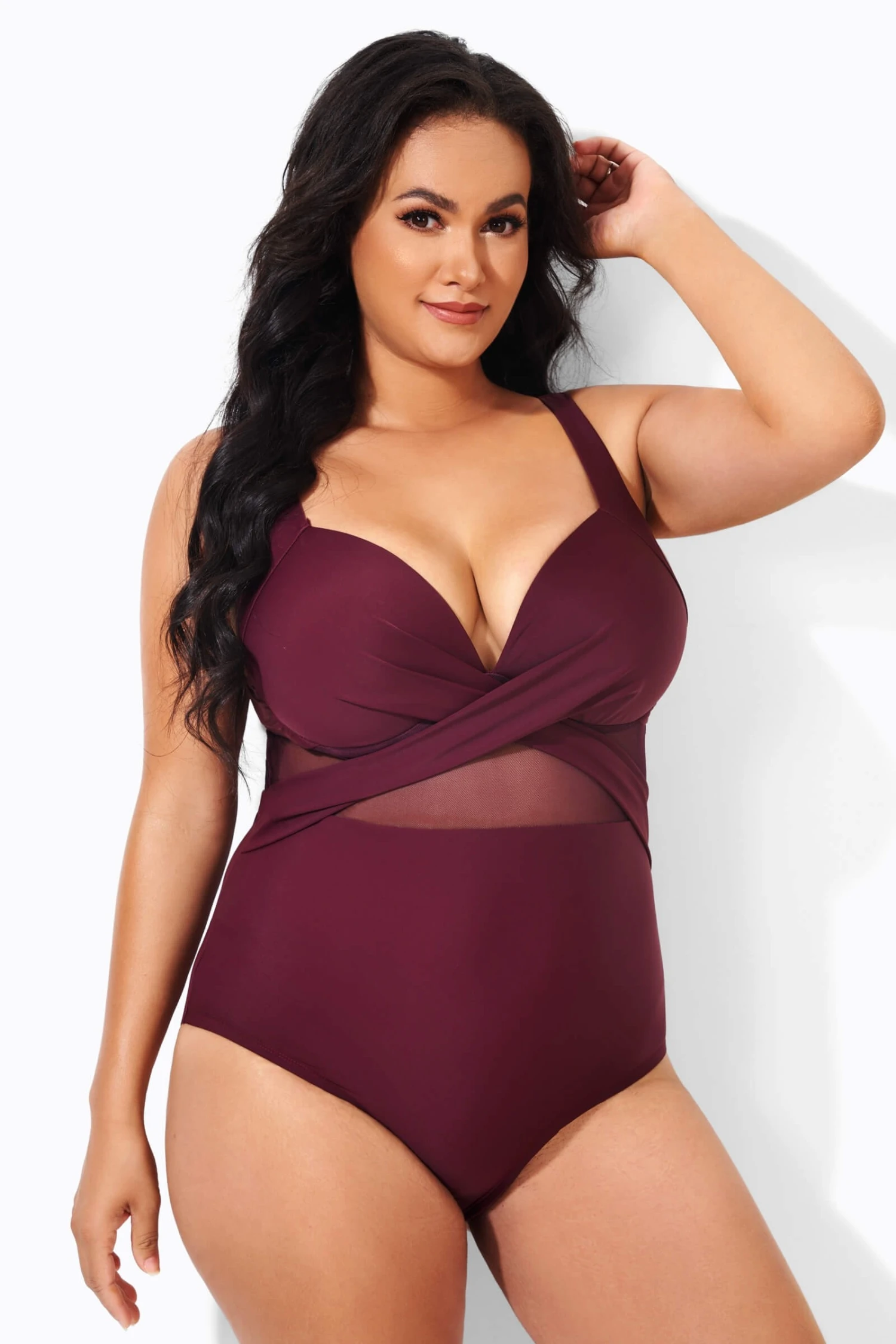 Wine Cut Out Mesh Fashion One Piece Swimsuit 3 Wine Cut Out Mesh Fashion One Piece Swimsuit