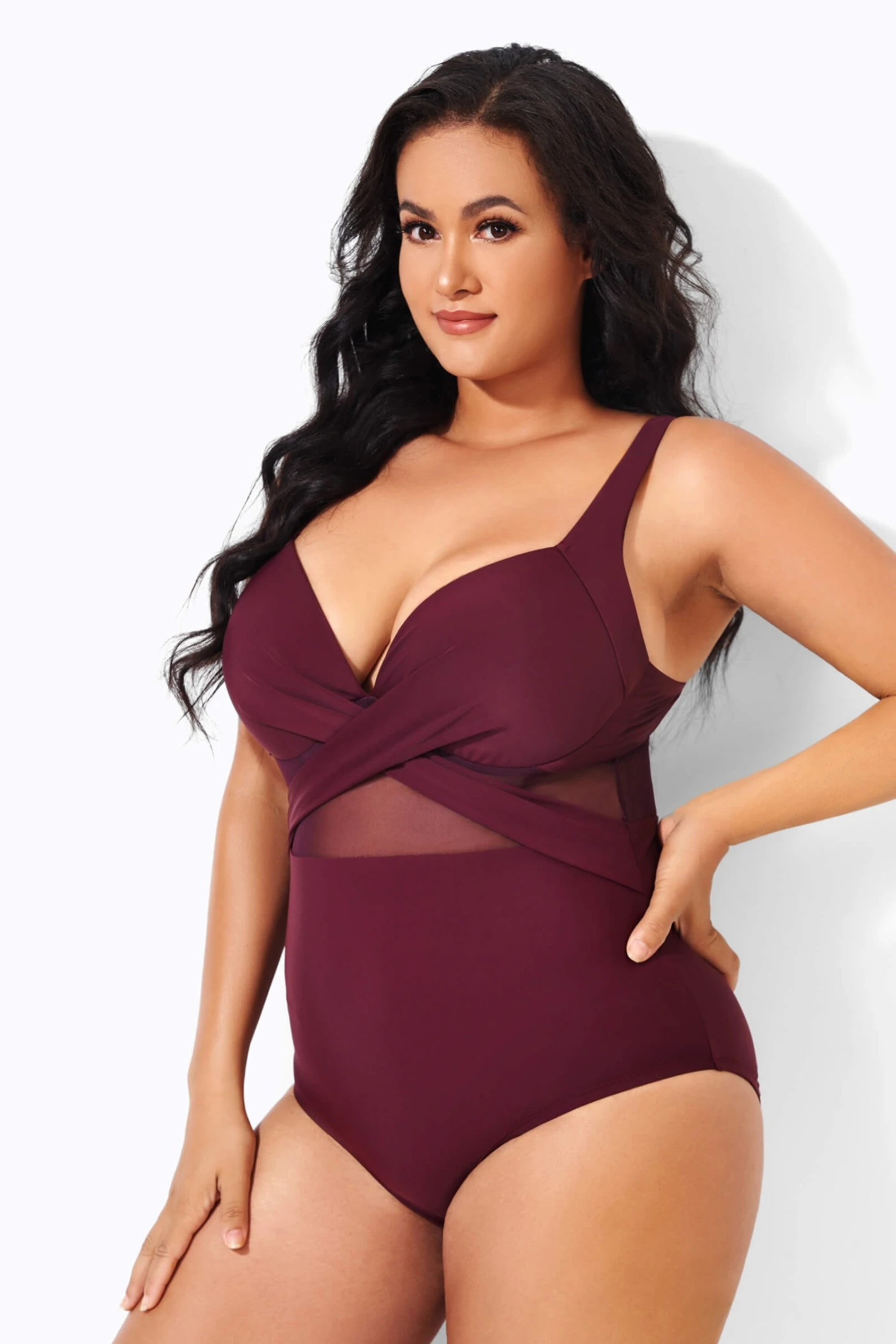 Wine Cut Out Mesh Fashion One Piece Swimsuit 5 Wine Cut Out Mesh Fashion One Piece Swimsuit - Image 3