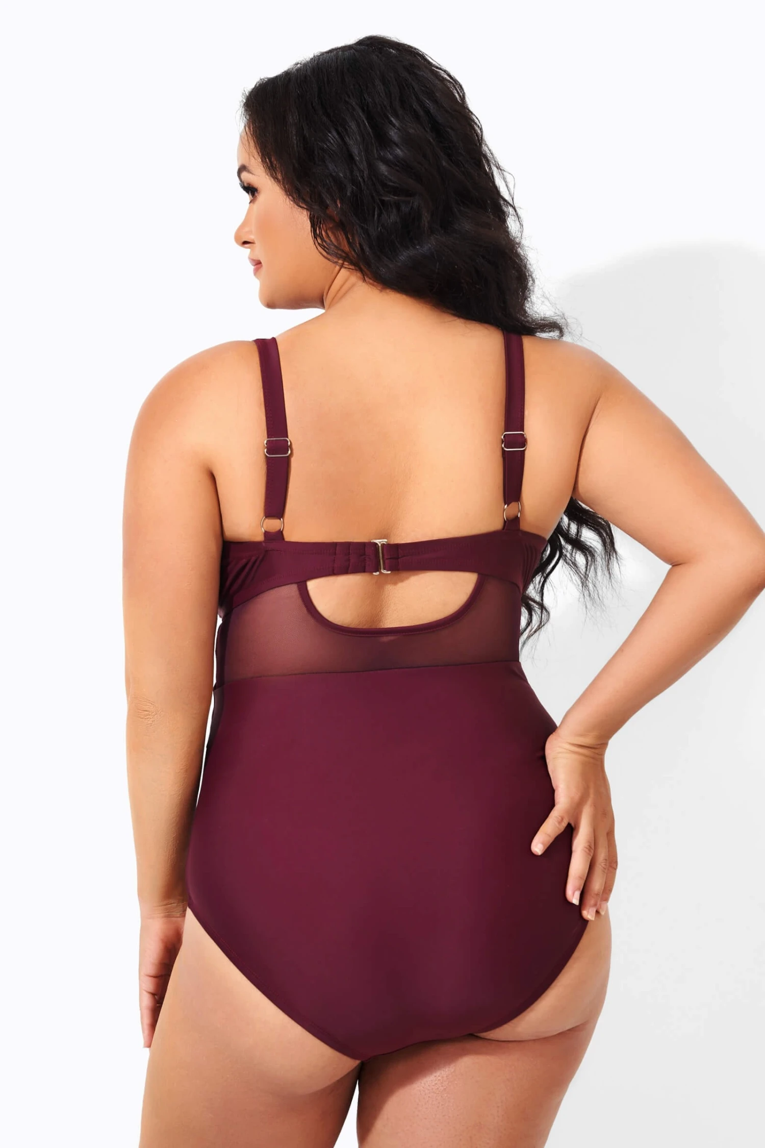 Wine Cut Out Mesh Fashion One Piece Swimsuit 4 Wine Cut Out Mesh Fashion One Piece Swimsuit - Image 2