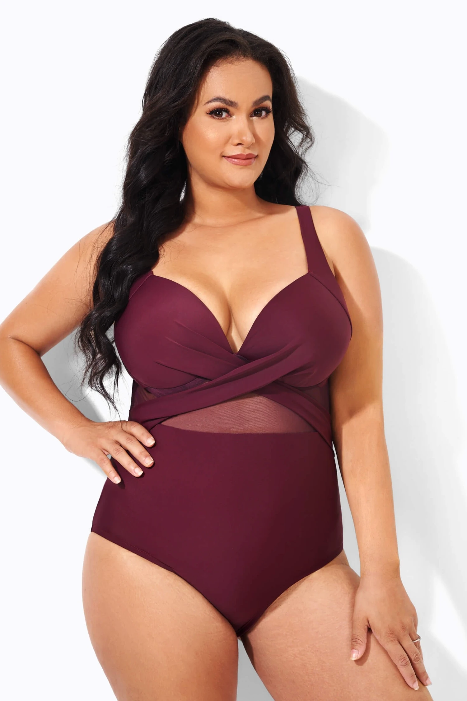 Wine Cut Out Mesh Fashion One Piece Swimsuit 6 Wine Cut Out Mesh Fashion One Piece Swimsuit - Image 4