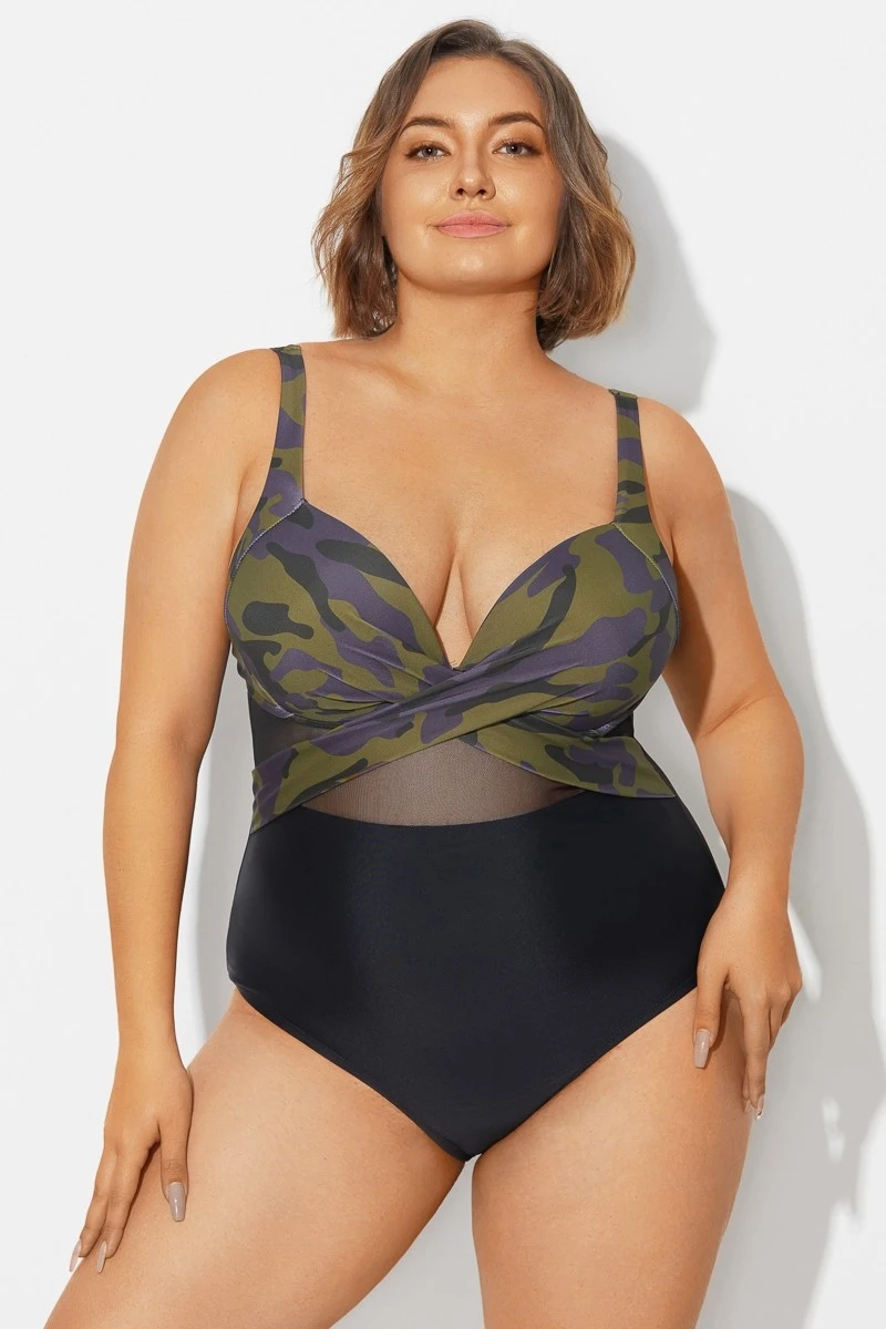 V-Neck Camouflage Print Mesh Underwired One Piece Swimsuit 8 V-Neck Camouflage Print Mesh Underwired One Piece Swimsuit - Image 6