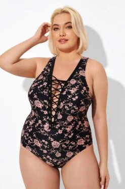 Black Floral Printed Lace Up One Piece Swimsuit -Maraluxe Swimwear Shop b deop008004 5