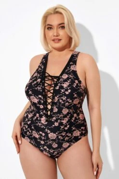 Black Floral Printed Lace Up One Piece Swimsuit -Maraluxe Swimwear Shop b deop008004 6