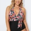 Vintage Flower Faux Wrap Halter One Piece Swimsuit -Maraluxe Swimwear Shop b deop035001 1