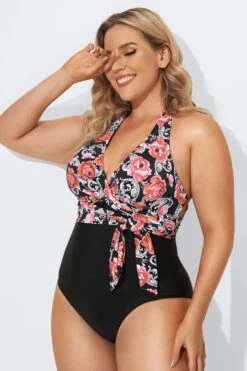 Vintage Flower Faux Wrap Halter One Piece Swimsuit 8 Vintage Flower Faux Wrap Halter One Piece Swimsuit -Maraluxe Swimwear Shop b deop035001 3