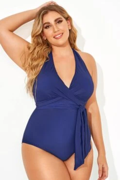 Blue Faux V-neck Women One Piece Swimsuit -Maraluxe Swimwear Shop b deop035003 2