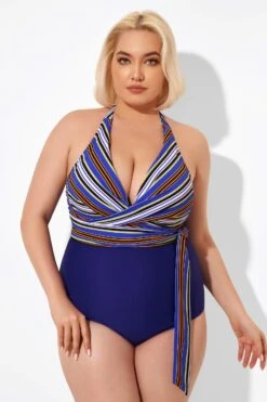 Purple Faux Wrap Halter One Piece Swimsuit -Maraluxe Swimwear Shop b deop035005 4