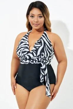 Black & White Faux Wrap Halter One Piece Swimsuit